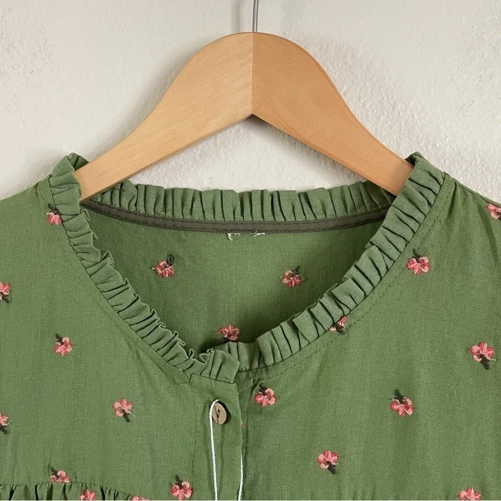 Soolinen Floral Embroidered Belted Midi Button Front Dress Green Size Large